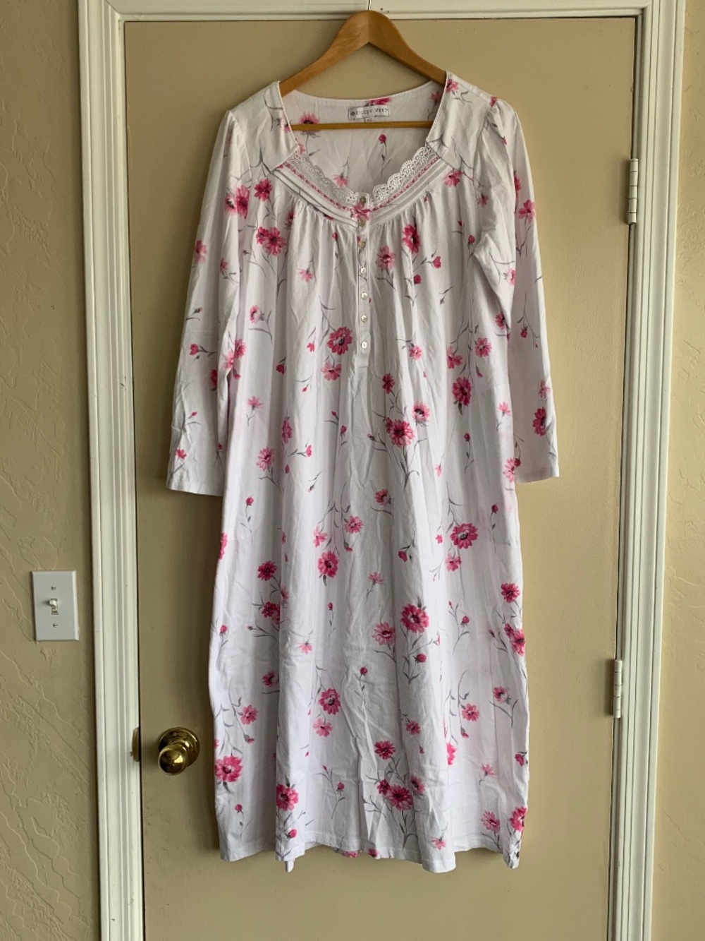 Eileen West White Pink Floral Cotton Nightgown w/Pockets MIDI Feminine Sz.M